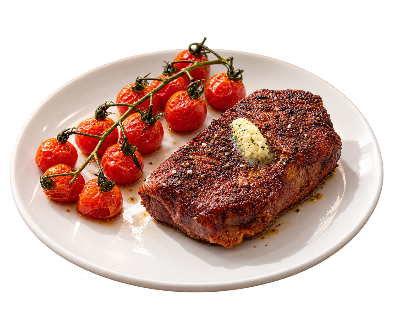 Seared plant-based steak with herb butter and roasted cherry tomatoes